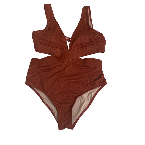 Metallic Plunge Cutout One Piece Swimsuit Size Large NWT - Picture 2 of 7